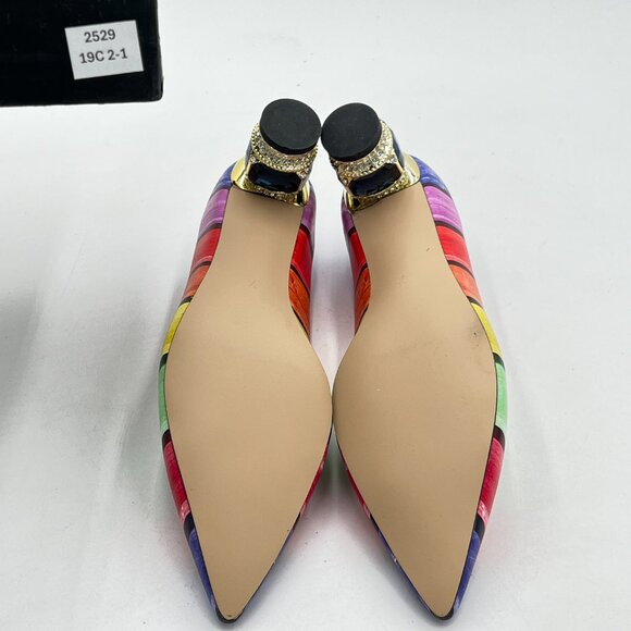 FSJ Rainbow Bridal Pointed Toe Chunky Block Low Heel Crystal Pumps Wedding Shoes - Picture 7 of 8